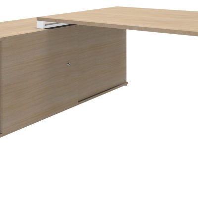 Bureau LOFTER Manager - L180 x P100 x H72,5 cm - console retour à gauche (cases) - pieds blanc - plateau imitation chêne clair