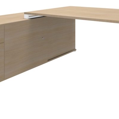 Bureau LOFTER Manager - L180 x P100 x H72,5 cm - console retour à gauche (tiroirs) - pieds blanc - plateau imitation chêne clair